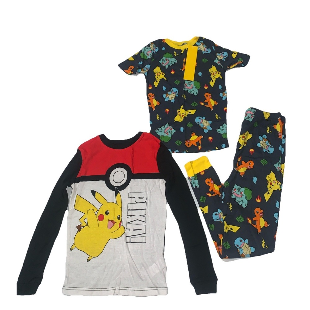 Pokemon Boys' 3 Piece Snug-Fit Cotton Pajamas Set Size 10 Short Long Sleeve NEW
